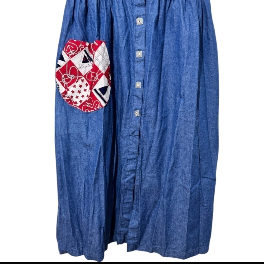 VTG 70s Krist Gudnason Sleeveless Midi Dress Medium Nautical Theme Denim Pockets - Picture 6 of 10